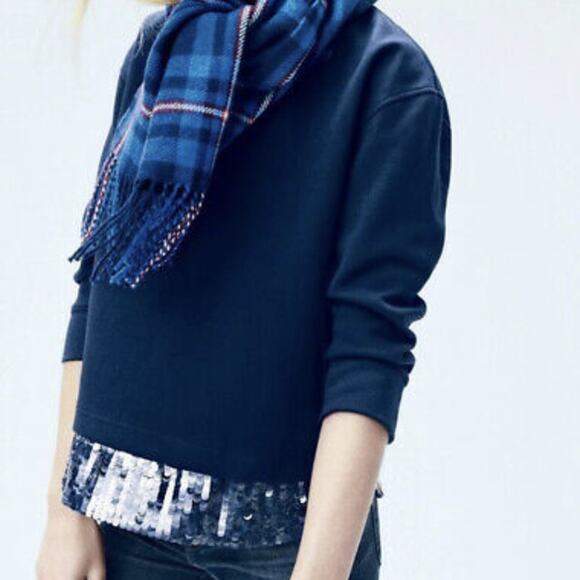 J.Crew Navy Crew Neck Sequined Trim Hem Pullover Sweatshirt Sweater Small - Picture 2 of 9